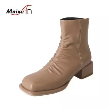 Французский стиль лаконичные плиссированные ботильоны женские квадратный носок 4 см блочный каблук средний повседневные короткие ботильоны с молнией сзади женские туфли 35