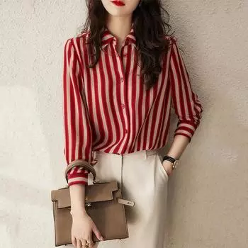 Французский стиль Мода Весенние рубашки Новые женские Полосатые с воротником поло Однобортные Простота Универсальные Свободные Топы с длинным рукавом S красный