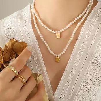 Французский стиль, позолоченный овальный кулон 18 карат, яркое квадратное ожерелье с буквами, цепочка из натурального пресноводного жемчуга