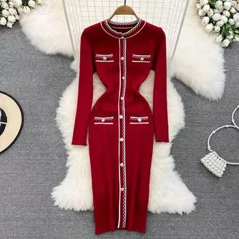 Французский стиль ретро Стиль Стиль Стиль Круглый воротник Столкновение Цвет Талия Показать Тонкое трикотажное платье средней длины с низом