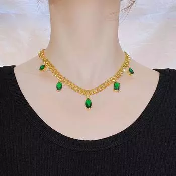 Французский стиль ретро ювелирные изделия роскошные имитация изумруда ожерелья золотого цвета винтажное кубинское звено цепи ожерелье для женщин 45cm