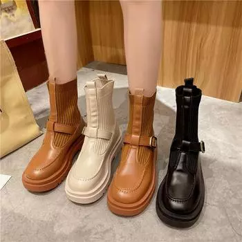Французский стиль Ретро Женские Ботинки на Платформе Ботинки Мартин Вязаная Отделка Повседневные Короткие Ботинки 35 чёрный