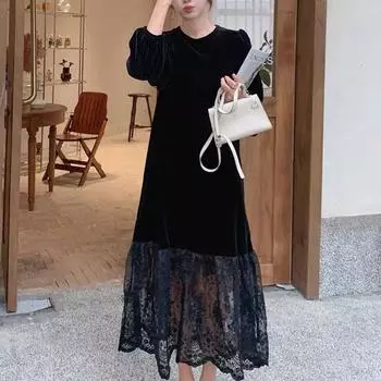 Французский стиль с длинным рукавом бархатные платья женская одежда мода элегантный кружевной пэчворк осень повседневный базовый O-образный вырез длинное платье S чёрный