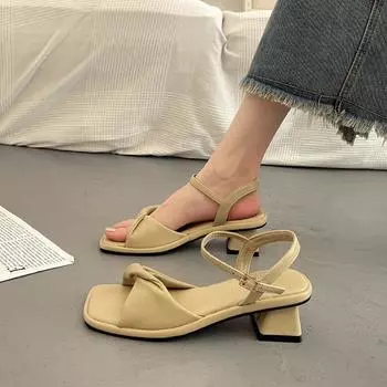 Французский стиль с юбкой на толстом каблуке сандалии женская летняя верхняя одежда мода Sense корейские универсальные туфли на высоком каблуке 35 бежевый