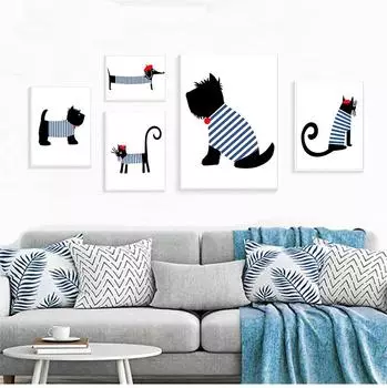 Французский стиль собака художественный принт постер милый мультфильм шотландская парижская такса и кошка принты холст живопись постер домашний декор без рамки 21*30cm