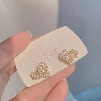 Французский стиль Высококачественные полые серьги в форме сердца с жемчугом и цирконием для женщин Water drop heart earrings