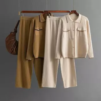 Французский стиль вязания 2 шт костюмы женские ложные карманы однобортный поло воротник топ + длинные брюки модные комплекты из двух предметов One Size абрикосовый