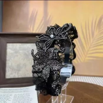 Французский стиль Женщины Девушки Модная повязка для волос со стразами с черными полыми цветами Женская сетка Новые головные уборы Повязка на голову Заколка для волос
