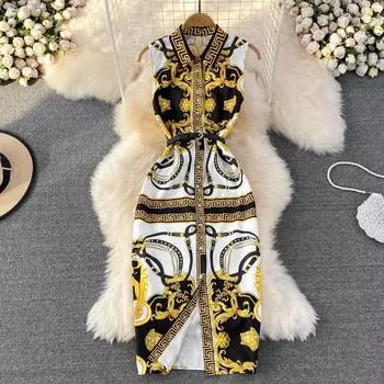 Французский суд, брендовый дизайнерский принт, взлетно-посадочная полоса, вечернее платье, женское летнее модное платье без рукавов, на бретелях, для офиса, тонкие облегающие платья-карандаш S чёрный