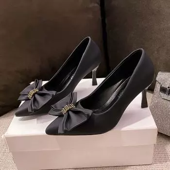 Французский темперамент бант высокие каблуки женские педали 2025 новый острый тонкий каблук легкие роскошные универсальные легкие одинарные туфли 34