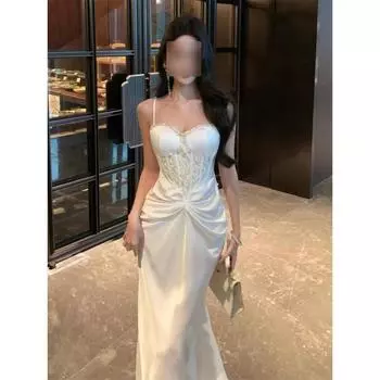 Французский темперамент белое кружевное платье на подтяжках женское летнее с высоким чувством талии и облегающее бедра банкетное платье платье платье S- (can be worn within 45kg)