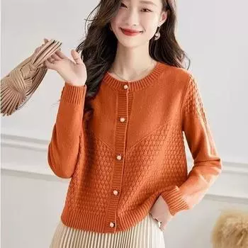 Французский темперамент, круглый вырез, вязаный кардиган с длинными рукавами, осенне-зимний однобортный студенческий стиль, мягкий свитер One Size абрикосовый