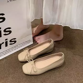 Французский темперамент квадратная голова бант неглубокий носок одинарные туфли женские летние 2025 новые модели с юбками плоские туфли на мягкой подошве женские туфли 34 хаки