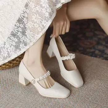 Французский темперамент, одинарные туфли, женские, с неглубоким вырезом, квадратной головкой и юбкой, модные женские туфли Мэри Джейн на высоком каблуке и среднем каблуке 35