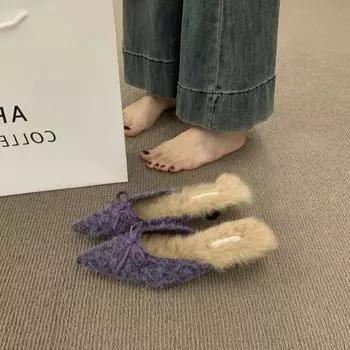 Французский темперамент плюшевые тапочки-мешки с заостренным носком, ленивые туфли-мюллеры с одной педалью, плюшевые туфли для женщин, которые носят на улице зимой 35 фиолетовый