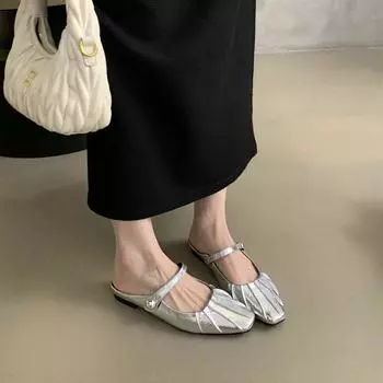 Французский темперамент серебряные одинарные туфли женские на плоской подошве весна и осень новые фея сумка головные уборы полутапочки женская летняя одежда muller обувь 35