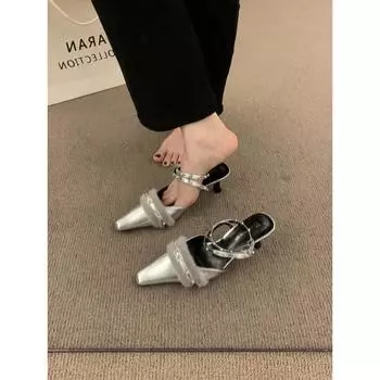 Французский темперамент Стиль Высокий каблук Сандалии Женские Задние Пустые Волосатые Маленькие Кожаные Туфли Юбка Носить Мэри Джейн Одиночные Туфли 35 серебряный