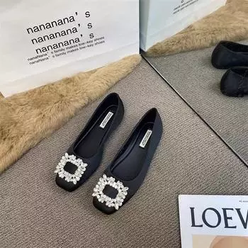 Французский темперамент, стразы, квадратная головка, туфли Мэри Джейн, женские, 2025, новые, с одной педалью, с неглубоким горлом, с плоским дном, для поездок на работу 35 абрикосовый