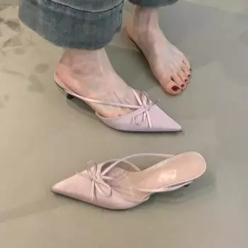 Французский темперамент туфли-мешки с бантом на голове 2025 весна сладкие нежные элегантные атласные туфли с острым носком на высоком каблуке-шпильке 35 розовый