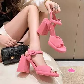 Французский темперамент Туфли на высоком каблуке 2024 Лето Новые Туфли Рыбий Рот Толстый Каблук Пуговица Ремешок Удобные Простые Модные Легкие 34 чёрный