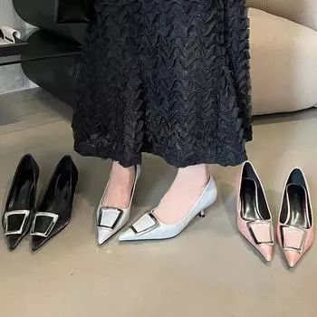 Французский темперамент высокие каблуки женские черные профессиональные кожаные туфли ~ квадратная пряжка 3 см туфли Мэри Джейн 35 серебряный