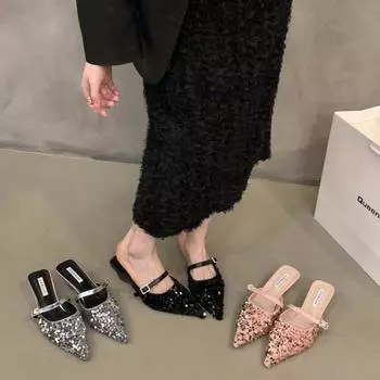 Французский толстый каблук темперамент мешок голова полутапочки сказочные туфли носить 2024 новые весенние и летние блестящие полуподносы одинарные туфли 35 чёрный