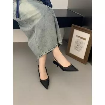 Французский тонкий каблук с острым задником Пустые босоножки Туфли феи Туфли феи Одиночные туфли Джинсовая сумка Голова кошки 35