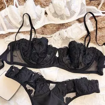 Французский ультратонкий бюстгальтер 1/2 чашки, женский комплект нижнего белья, сексуальный кружевной бюстгальтер с вышивкой роз, черный полый дышащий нижнее белье M чёрный