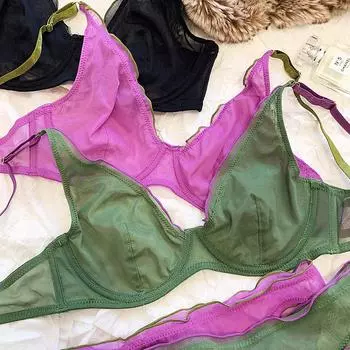 Французский ультратонкий бюстгальтер без косточек для женщин, нижнее белье, топ, сексуальный комплект с бюстгальтером пуш-ап с глубоким V-образным вырезом, летнее комфортное дышащее нижнее белье и трусики L чёрный