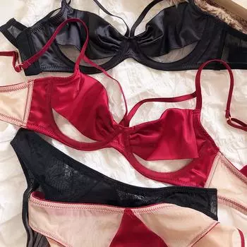 Французский ультратонкий комплект нижнего белья, сексуальный кружевной полый комплект с бюстгальтером пуш-ап, женский шелковый комфортный бюстгальтер без косточек, большие размеры, чашка DE, нижнее белье, трусики 70B чёрный