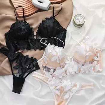Французский ультратонкий кружевной комплект с бюстгальтером и трусиками с вышивкой в виде цветов, сексуальное женское нижнее белье, комплекты бюстгальтеров с глубоким V-образным вырезом и пуш-ап M белый