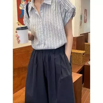 Французский уникальный шикарный маленький топ с коротким рукавом полосатая рубашка дизайн нишевая женская рубашка от солнца куртка винтажная базовая офисная повседневная женская рубашка S