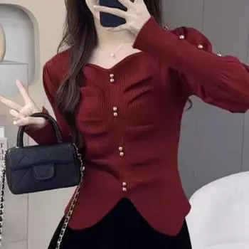 Французский V-образный вырез, гвоздь, бисер, трикотаж, длинные рукава, осень/зима, универсальный, модный, плиссированный низ, верх S красный