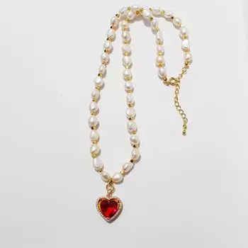 Французский Винтаж Винтаж Винтаж Винтаж Элегантный пресноводный жемчуг Красное ожерелье «Любовь» Персиковое сердце Циркон Прилив 45CM