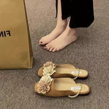 Французский вечерний ветер ниша баотоу полутапочки женские весна-лето 2024 новая верхняя одежда модные универсальные плоские тапочки крутые тапочки прилив 35 коричневый