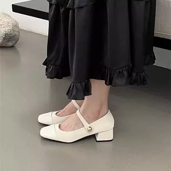 Французский вечерний ветер Высокий каблук Мэри Джейн Джи квадратная голова Темперамент знаменитость Толстый каблук Светлый рот Одиночные туфли 35 бежевый