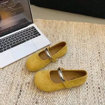 Французский вечерний ветер женские туфли Мэри Джейн 2025 новые нежные металлические пряжки круглая головка внутренняя высота увеличение красивые плоские туфли 35 жёлтый