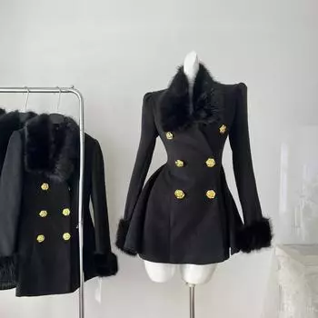 Французский винтажный элегантный стиль черное стройнящее пальто с завышенной талией, дизайнерское зимнее пальто для женщин S чёрный