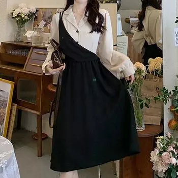 Французский винтажный цветной пошив повседневные тонкие женские черные поддельные платья из двух частей осеннее платье с длинными рукавами для женщин M