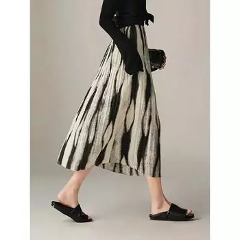 Французский винтажный дизайн, юбка трапециевидной формы с принтом тай-дай, женская элегантная свободная длинная юбка 2000-х годов, лето 2024, повседневная корейская модная юбка, новая S чёрный