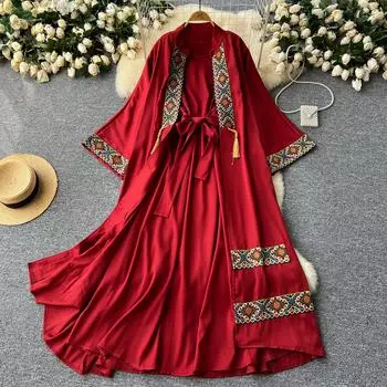 Французский винтажный комплект из двух предметов, с милым принтом, шикарное повседневное платье-комбинация для отдыха, на шнуровке, летние женские платья One Size коричневый