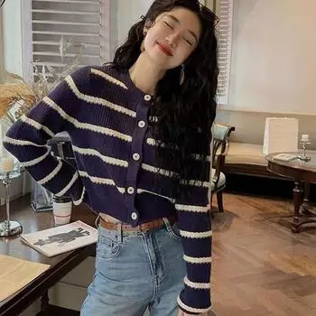 Французский винтажный полосатый вязаный кардиган, короткий свитер, пальто, женский 2023, повседневный свитер с круглым вырезом и длинными рукавами, кардиган, женский топ One Size синий