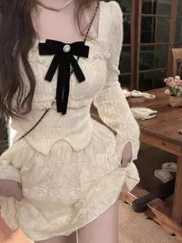 Французский винтажный сладкий комплект из двух предметов, женский лоскутный комплект с бантом, элегантный вечерний костюм принцессы с юбкой, женский корейский модный кружевной тонкий повседневный комплект, новинка 2024 года S бежевый