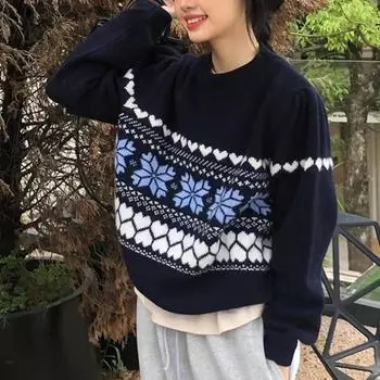 Французский винтажный свитер-пуловер для женщин, осень-зима, свободный свитер с принтом, повседневный свитер с круглым вырезом S темно-синий