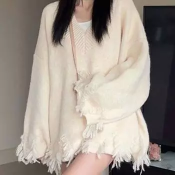 Французский винтажный свитер с v-образным вырезом и бахромой, женский осенне-зимний однотонный однотонный свитер с напуском, повседневный корейский свободный тонкий вязаный свитер, женский