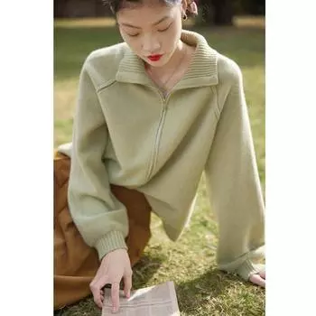 Французский винтажный вязаный кардиган на молнии, свитер с напуском, ранняя осень 2022, тонкое пальто с однотонным воротником, топ, кардиган, женский свитер, топы