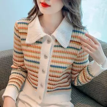 Французский винтажный вязаный кардиган в разноцветную полоску, свитер на осень/зиму, милый свитер с кукольным вырезом и длинными рукавами, кардиган, пальто, женский One Size белый