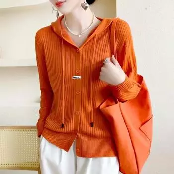 Французский вязаный кардиган для женщин, осенне-весенний однотонный свитер с капюшоном и длинными рукавами, женский топ One Size чёрный