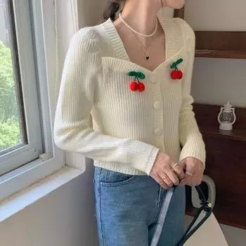 Французский вязаный кардиган, свитер, пальто, стерео топ вишневого цвета, весна 2022, однотонный повседневный кардиган с длинными рукавами, свитер, женская одежда