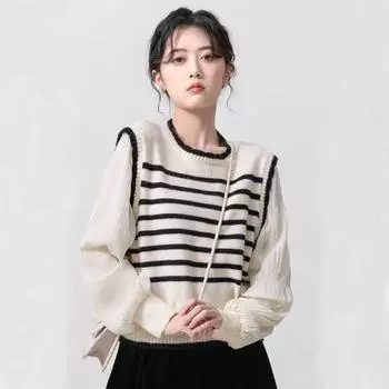 Французский вязаный свитер для женщин на весну и осень, новая нежная лоскутная рубашка контрастного цвета, полосатый верх-свитер. One Size чёрный